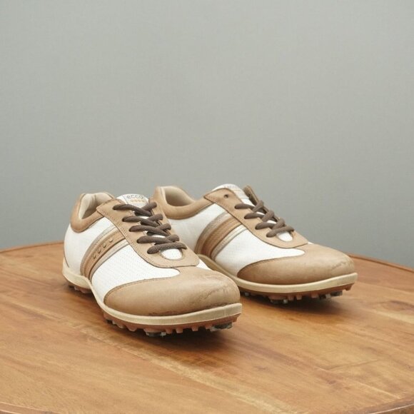 Ecco Womens Golf Shoes White Brown Leather Spiked Waterproof 39 EU / 8 US - Picture 2 of 12